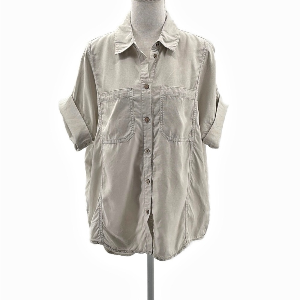 Oat New York Oversized Boxy Button Front Top in Light Beige - Size Medium